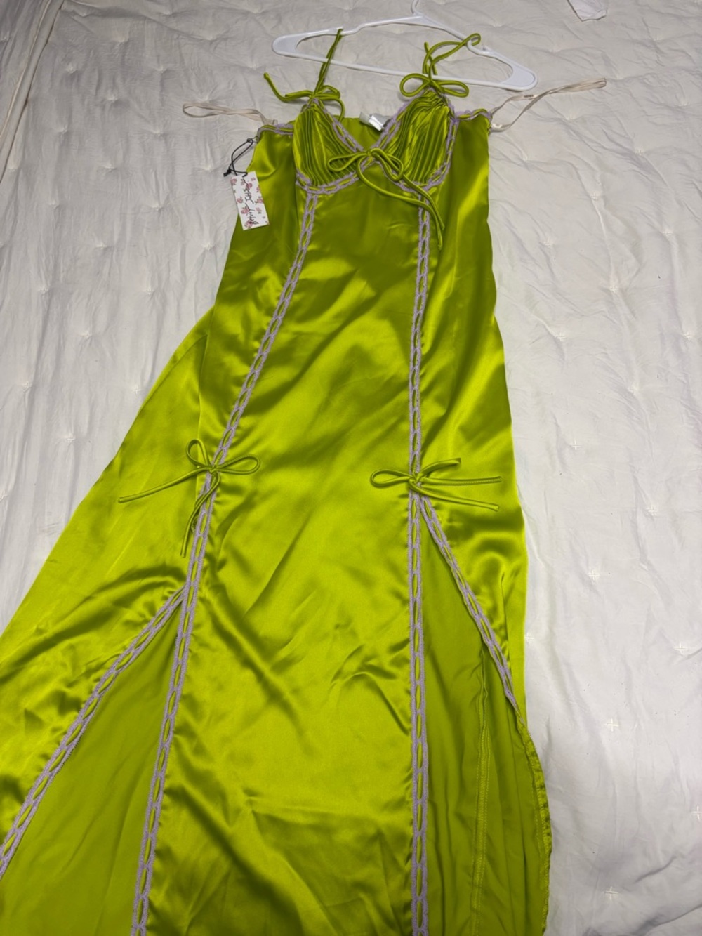 Bright Lime Satin Slip Dress with Braided Trim